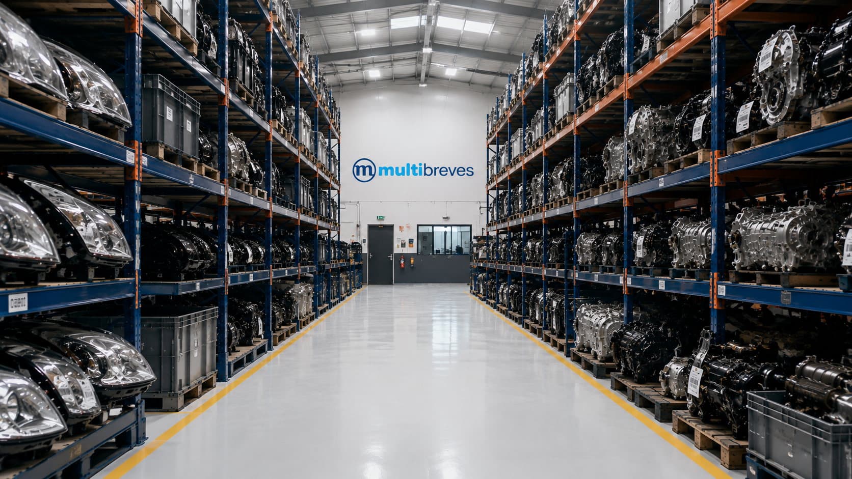 Pasillo de almacén con estanterías de cajas de cambio, faros y componentes de recambio usado clasificados y etiquetados