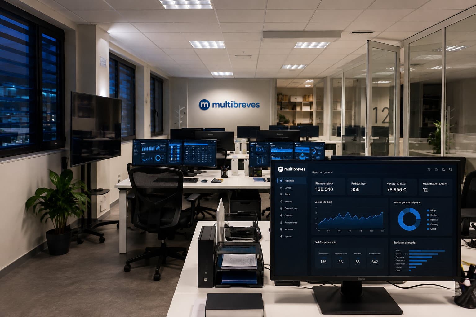 Oficina de Multibreves con varios puestos de trabajo y pantallas mostrando paneles de seguimiento de ventas y stock